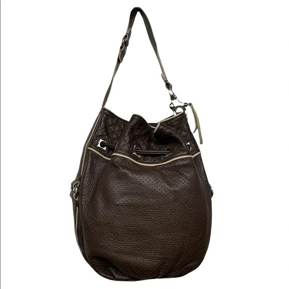 Francesco Biasia Brown 100% Calf Leather Perforated Fringe Bucket Bag Hobo - Picture 14 of 15